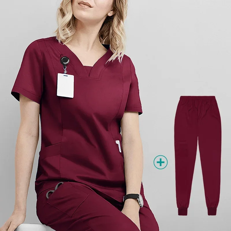 

Women Medical Uniforms Elastic Scrubs Sets Hospital Surgical Gowns Short Sleeve Tops Pant Nursing Accessories Doctors Clothes