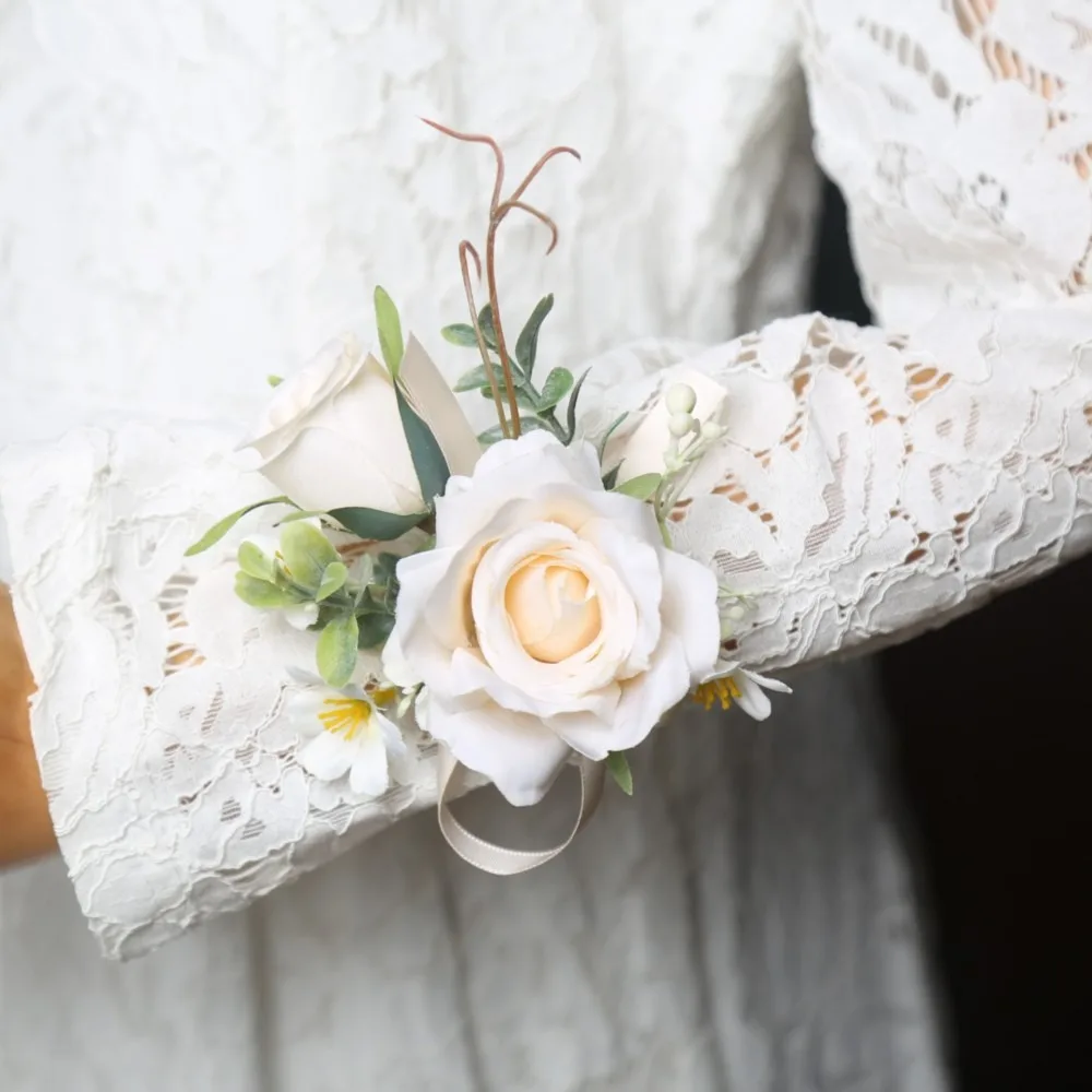 Kunstmatige Boutonnières Bloemen Roos Handgemaakte Pols Corsage Bruid Bruidsmeisje Zijde Bruidegom Borstbloem Bruiloft Accessoires