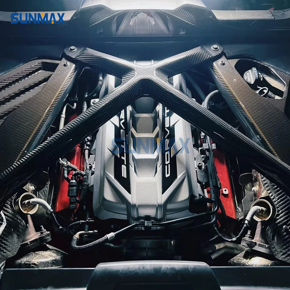 Sunmax For Corvette C8 Z51 Z06 Z07 Front Bonnet Struts X Brace Strips Engine Cover X Strut Carbon Fiber Car Body Parts