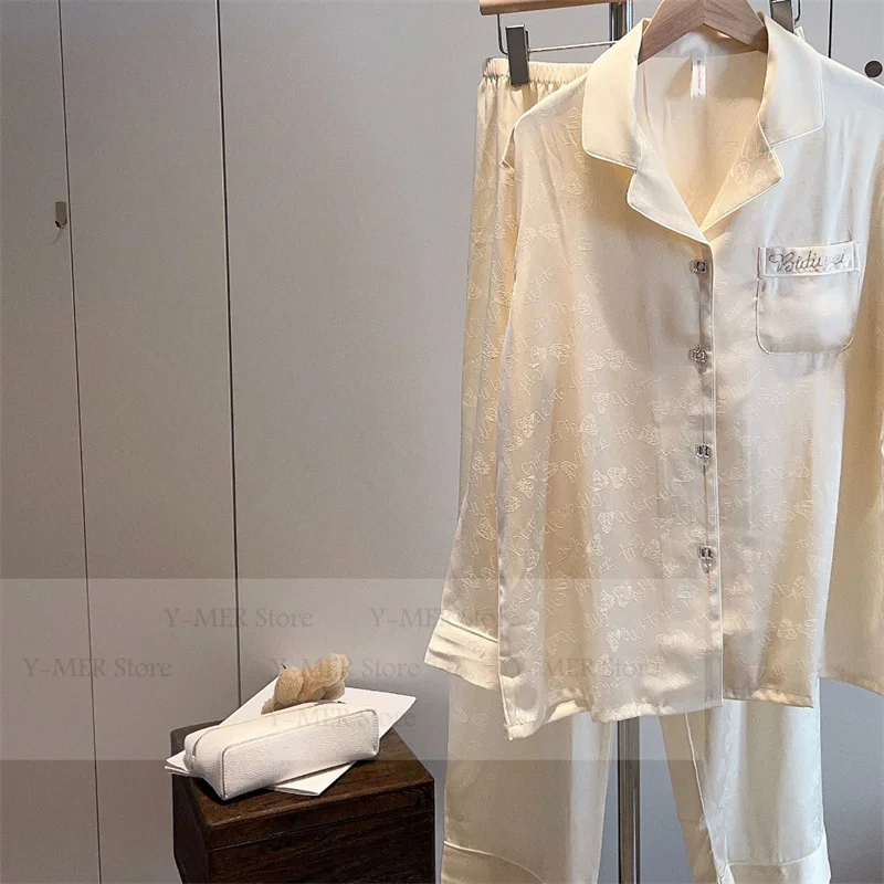

Luxury Jacquard Rhinestone Print Pajamas Women Ice Silk Home Clothes Long Sleeve Shirt Elastic Waist Pants 2Pcs Sleepwear