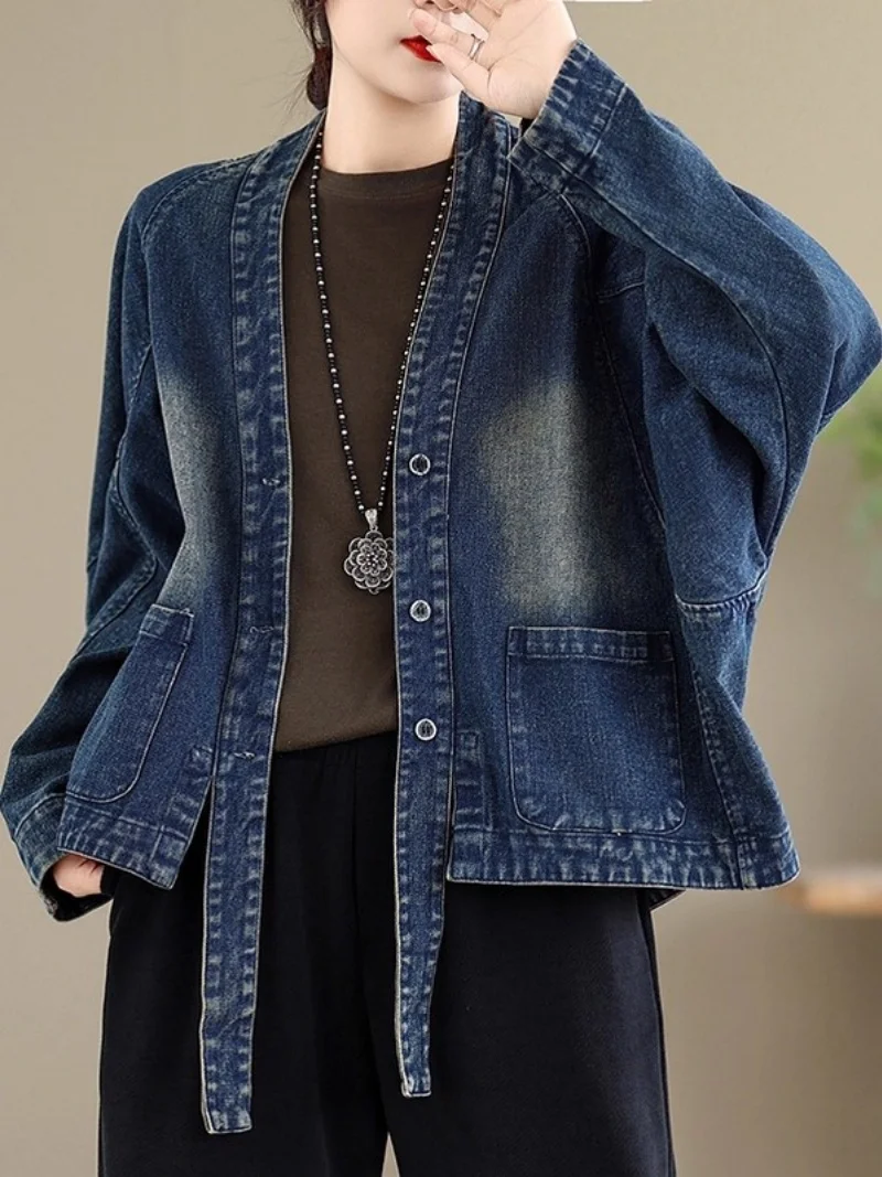 

Винтажная джинсовая куртка с рукавами «летучая мышь» в стиле ретро, большой размер для женщин, осень-весна, свободный стильный короткий кардиган с v-образным вырезом, топ W977