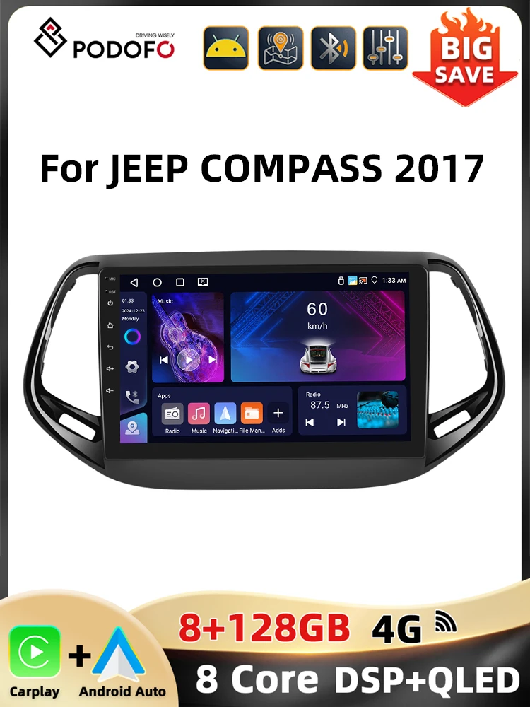 Podofo Gps Wifi 4G Auto Audio Voor Jeep Kompas 2017 Multimedia Speler Bluetooth Carplay Android Auto 8Core Fm Rds Dsp Autoradio - afbeelding 2