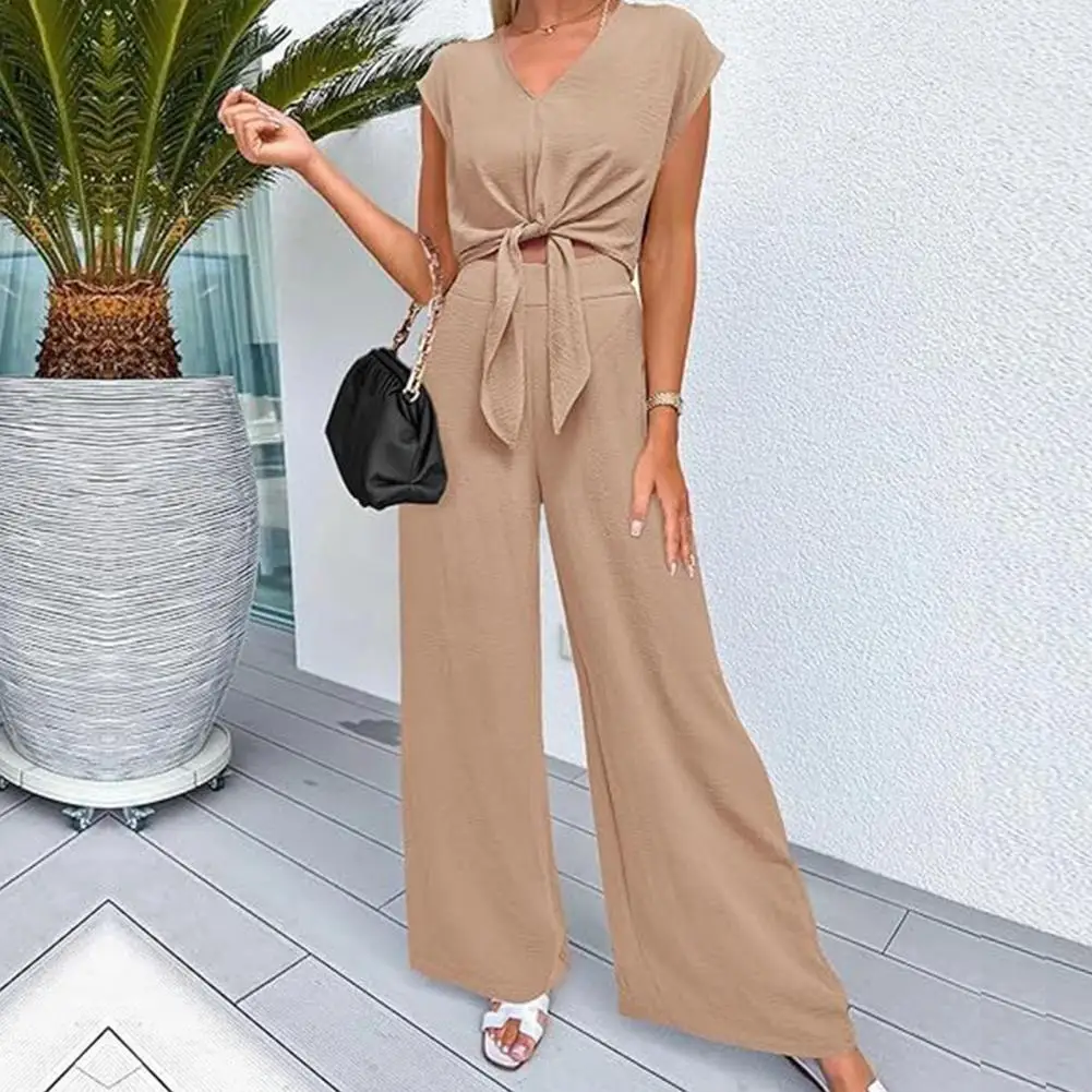 

Women Autumn Suit Set Women Top Pants Suit Women's Lace-up Knot Top Wide Leg Pants Set for Ol Commute V Neck High Waist Solid