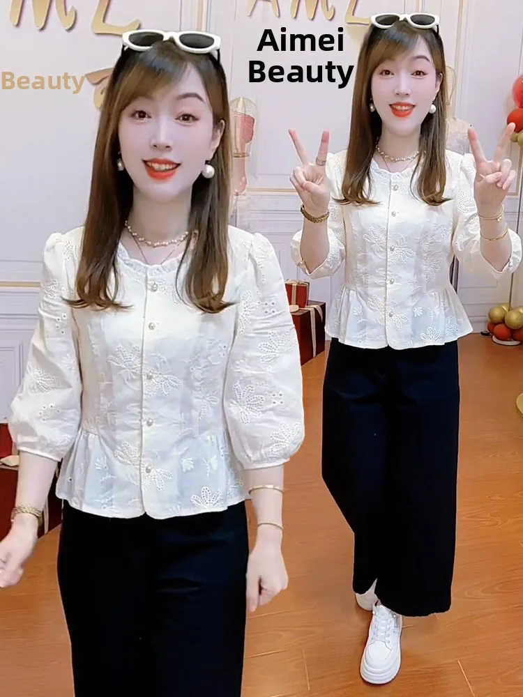 Faionable Seven-Vierter Sve irt Dames Sle Small Fraance Sle Afslankende Veelzijdige Top Koreaanse versie Loose Fit