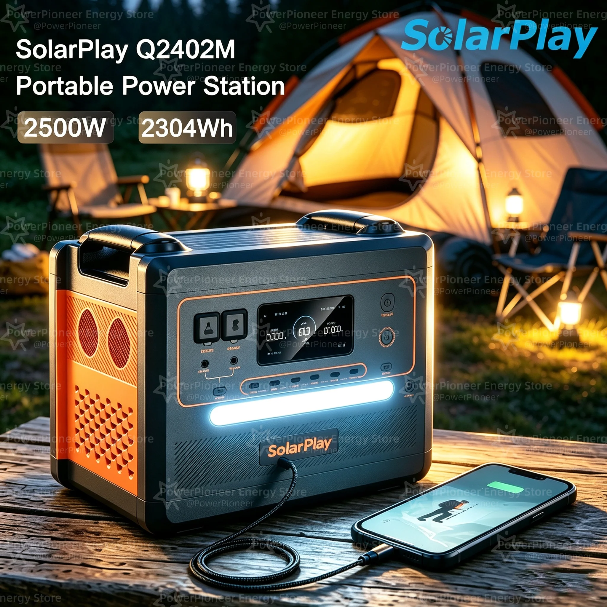 Station d'alimentation portable SolarPlay Q2402M 2304Wh 2500W, générateur solaire grande capacité 220V, alimentation de secours d'urgence pour camping en extérieur, batterie lithium à charge rapide, station de banque d'alimentation