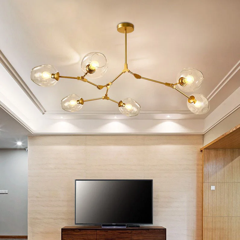 Nordic Living Room Chandelier Modern Home Simple Wrought Iron Restaurant Bedroom Creative Retro Molecule Bean Lamps 220V