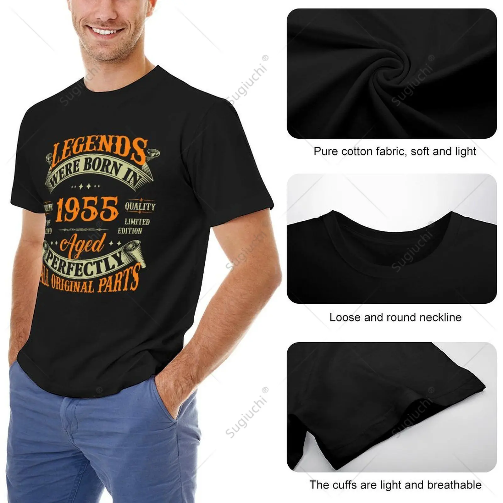 T-shirt unissexo para homens e mulheres, 100% algodão, lendas vintage, nascida em 1955, T-shirt para meninos, aniversário