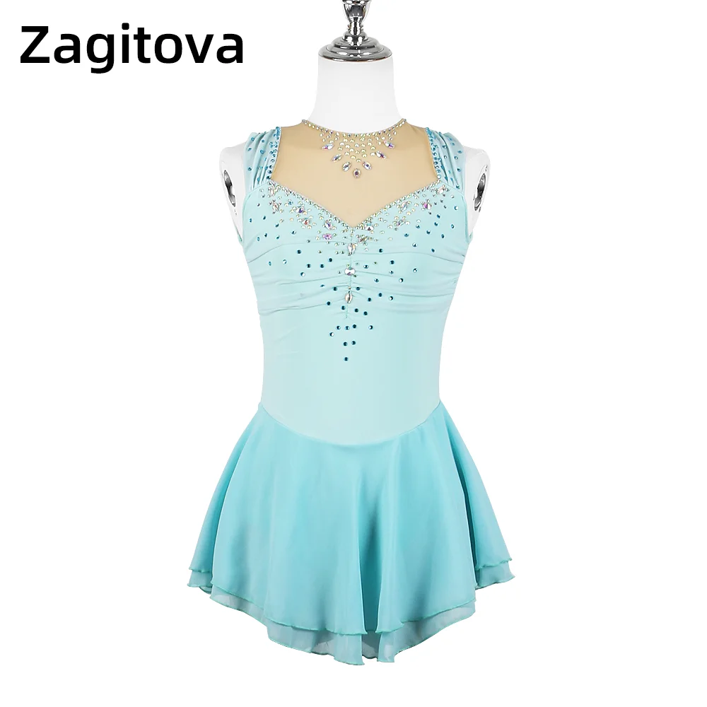 

ZAGITOVA Figure Skating Dress Women Girls Ice Skating Skirt Sleeveless Rhinestones Mesh Skirt Mint Green