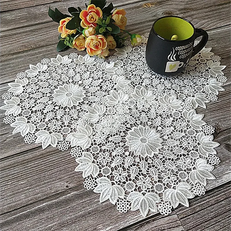 Delicate Table Placemat Napkins Round Mat Pad Christmas Lace Doilies Hollow Embroidery Flowers Coasters Banquet Wedding Decor