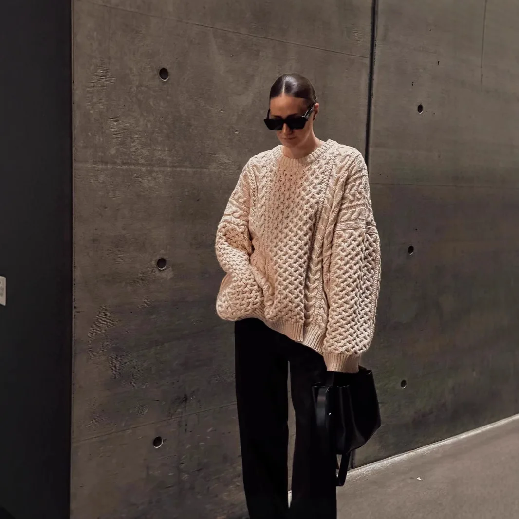 

Women Sweater Pullover New Loose And Lazy Twist Knitted Long-sleeved Sweater Casual Knitted All-match Top Woman Clothing Sweater