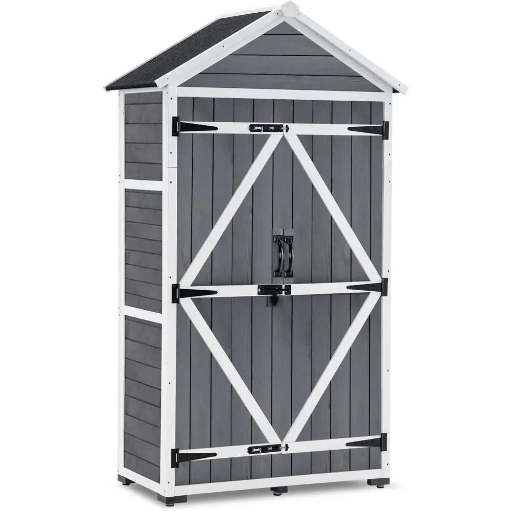 Outdoor Storage Cabinet, Garden Wood Tool Shed, Outside Wooden Shed Closet with Shelves and Latch for Yard