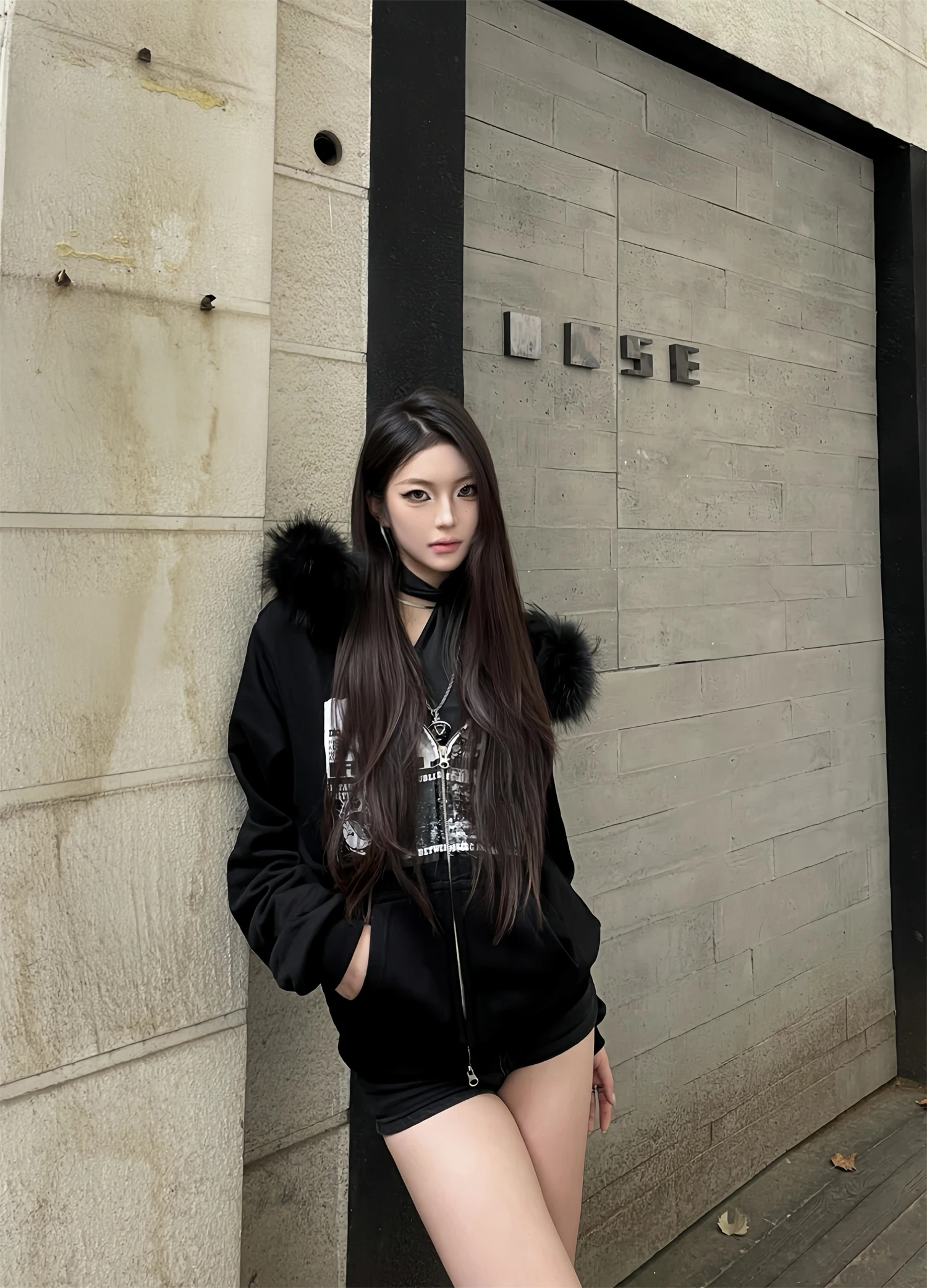 Dames gothic punk hoodie met rits, zwarte nepbontkraag, grafische print sweatshirt, Y2K grunge streetwear casual top ﻿