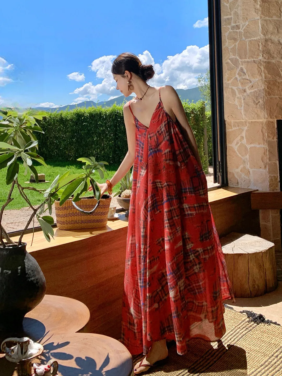 Retro Rode Geruite Strapl Strand Vaion Sle Dr Rok Lang Strand Zand Strandachtig Aosfeer Gevoel Zomer Zacht Polyester V-...