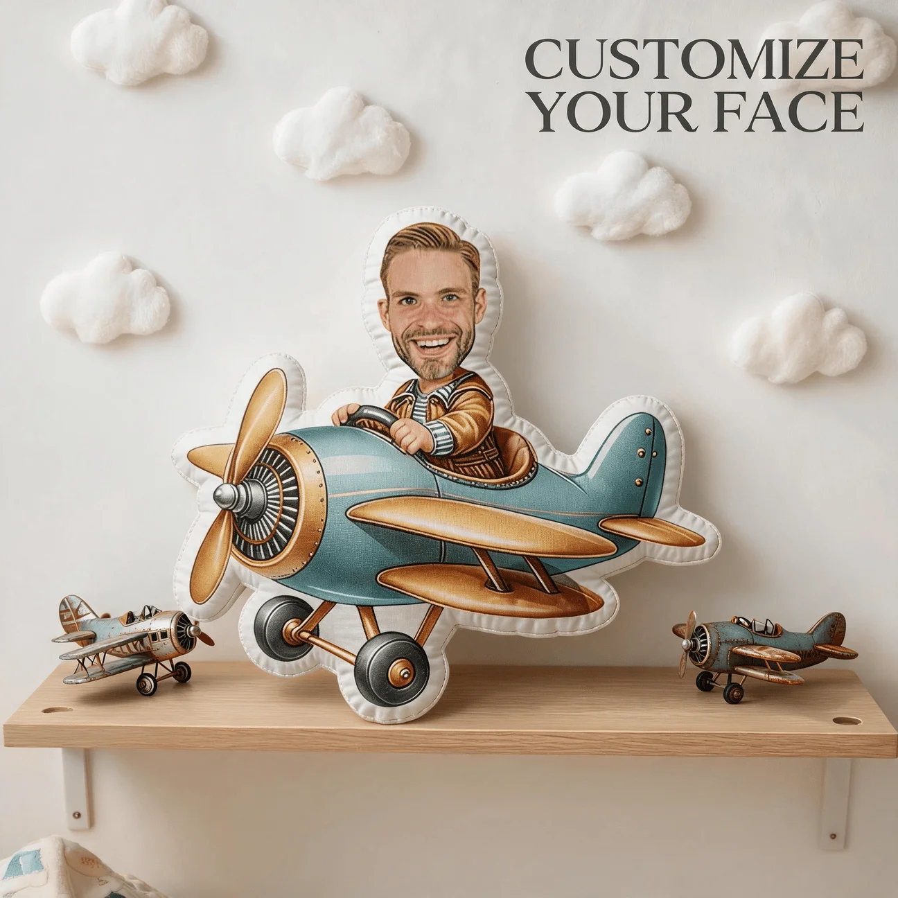 Custom Photo Face Pilot Shape Pillow Personalized Aviation Decor Cushion for Sofa Cute Gift for Husband Boyfriend FatherDay Xmas