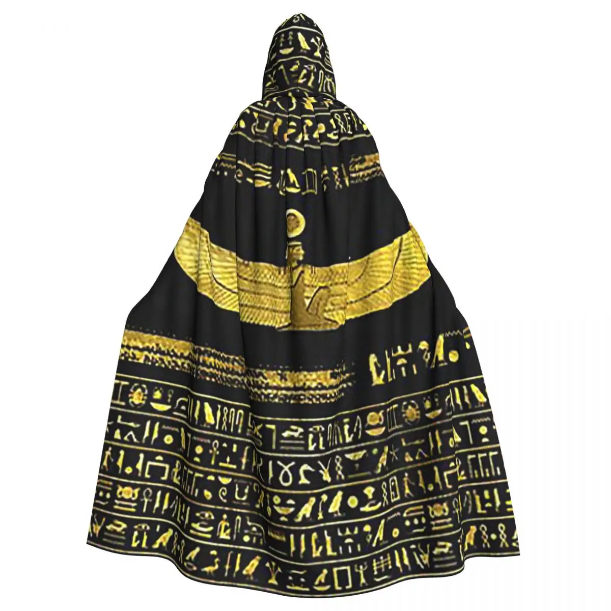 Golden Egyptian God Ornament On Black Leather Long Hooded Cloak Witch Medieval Costume Cosplay Cape HalloweenCoat Adult Unisex