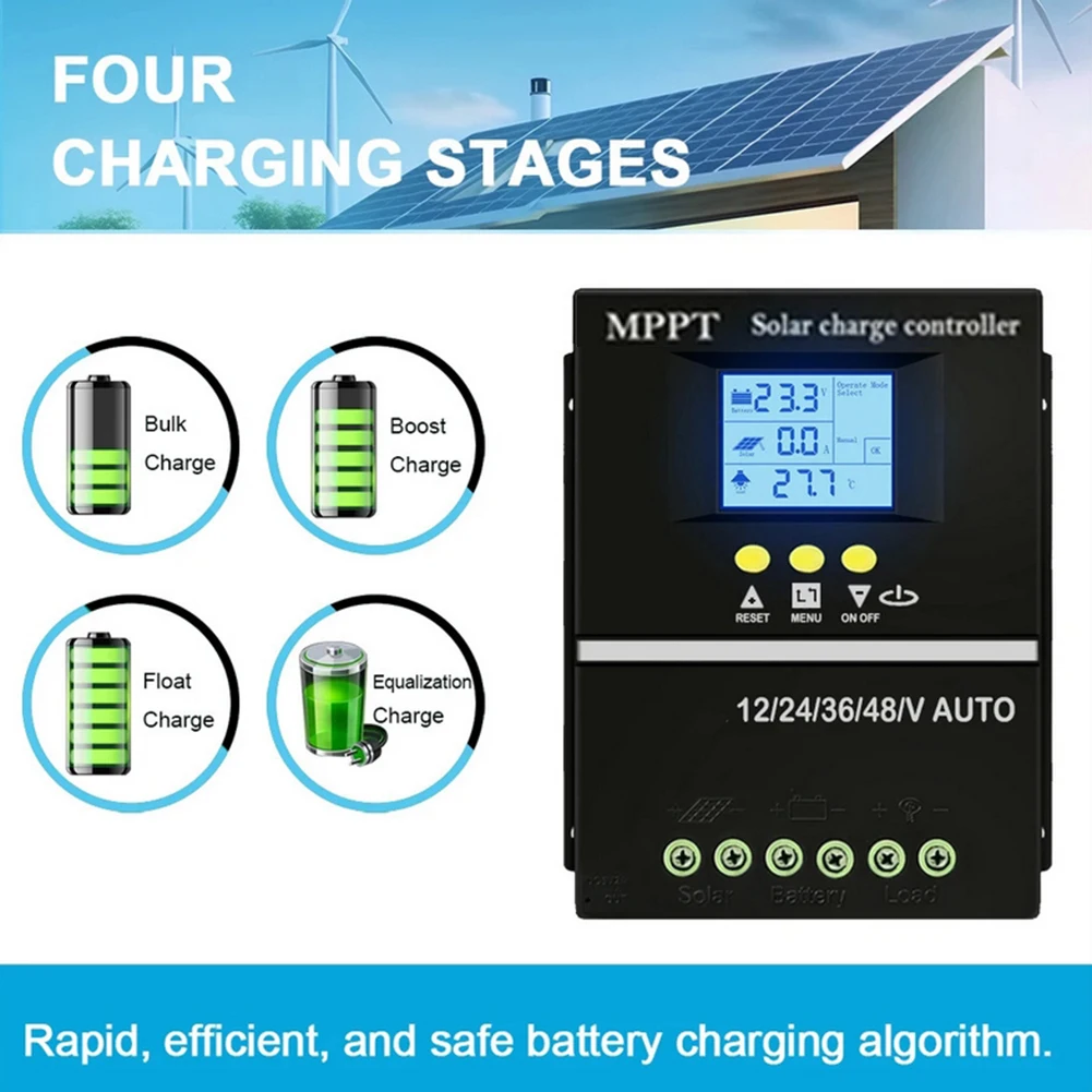 

Контроллер заряда солнечных батарей MPPT 100A, 12В/24В/36В/48В, с ЖК-дисплеем и двумя USB-портами, для солнечных батарей и аккумуляторов.