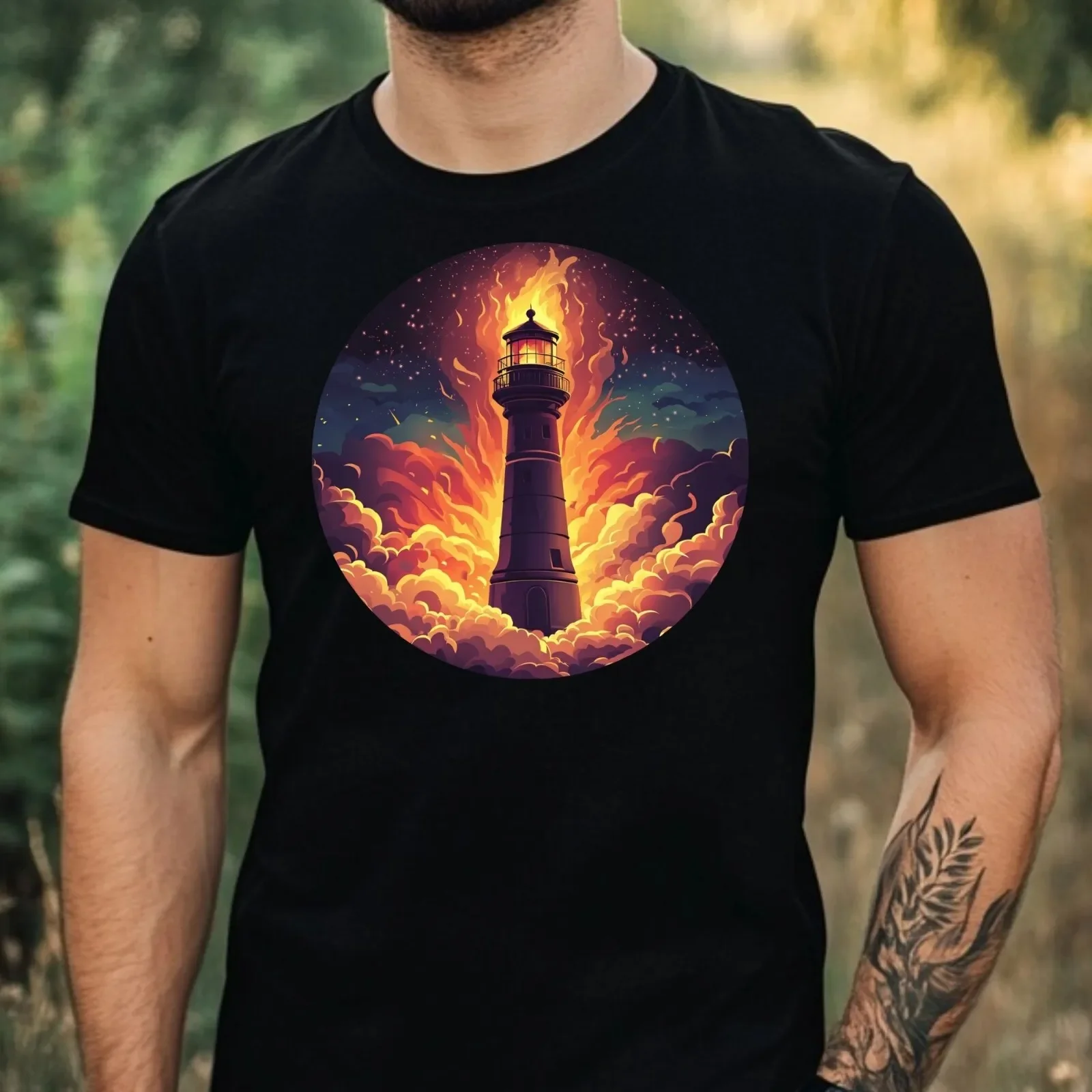 Mens Lighthouse on Fire Motif Cotton T-Shirt Size XS to 5XL