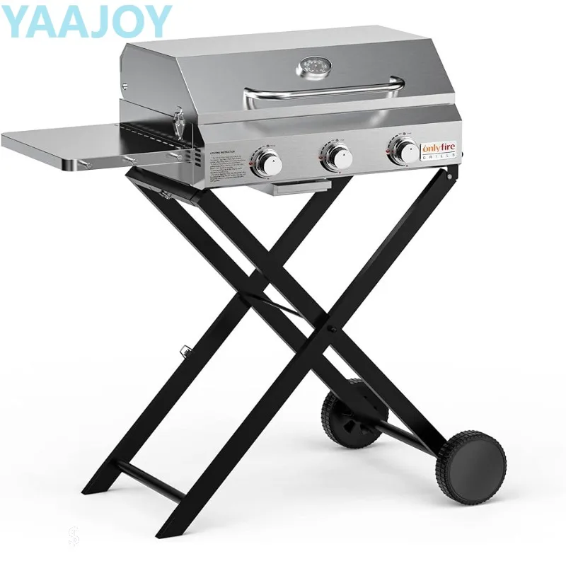 

Onlyfire BBQ Gas Grill with 3 Burners and Foldable Cart for Easy Transport, Stainless Steel Portable