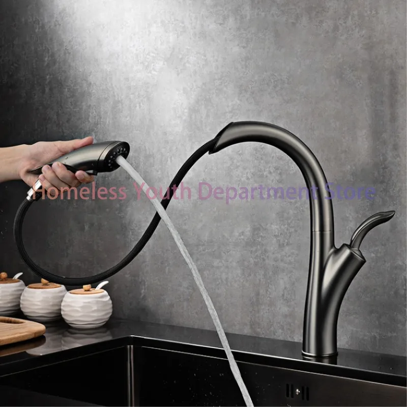 Luxury gun grey kitchen faucet creative pull-out design single control single handle cold and hot dual control brass sink faucet