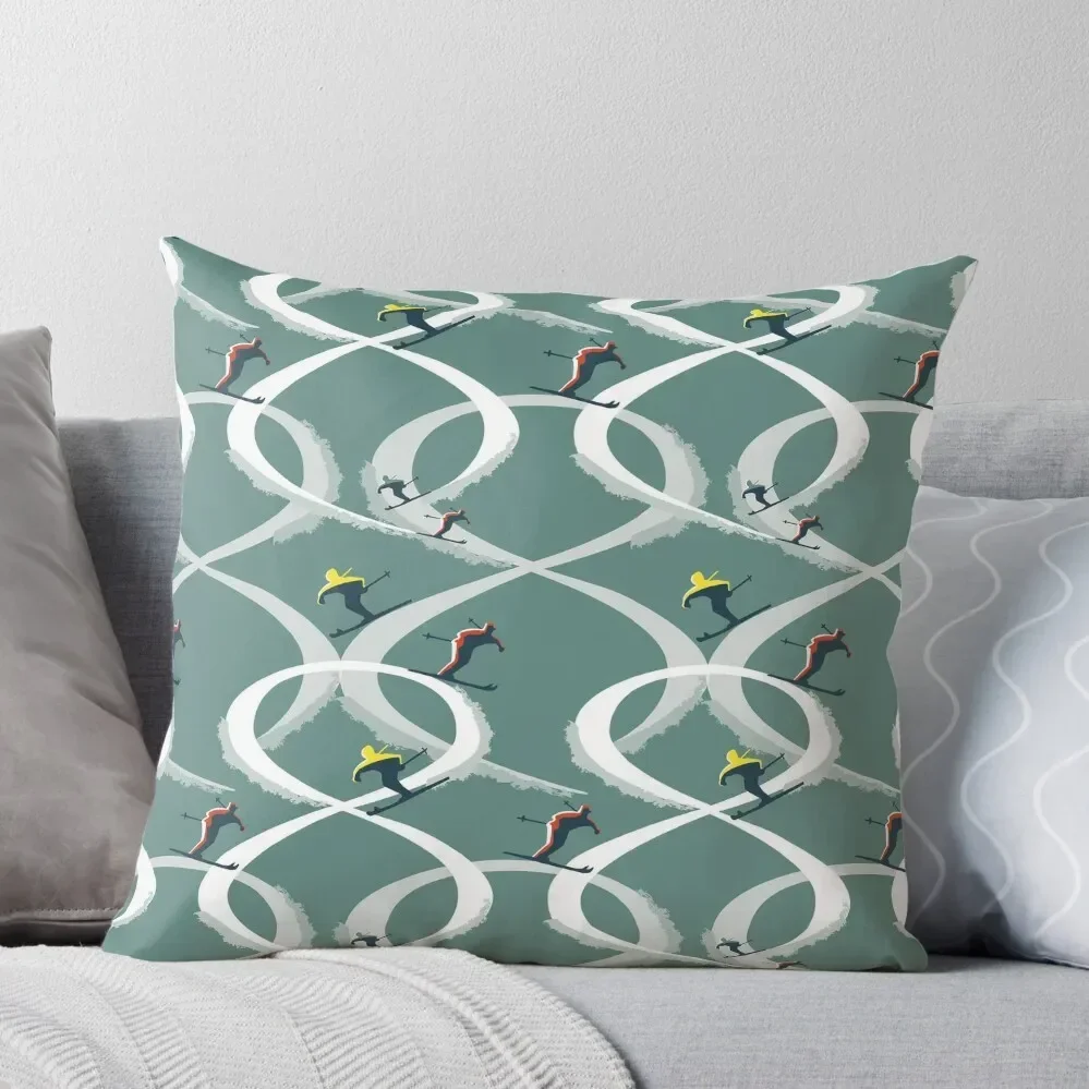 Mid Century Figure 8 Skiers in Retro Style on Teal Throw Pillow Cushion Child pillowcases for sofa cushions luxury decor Pillow