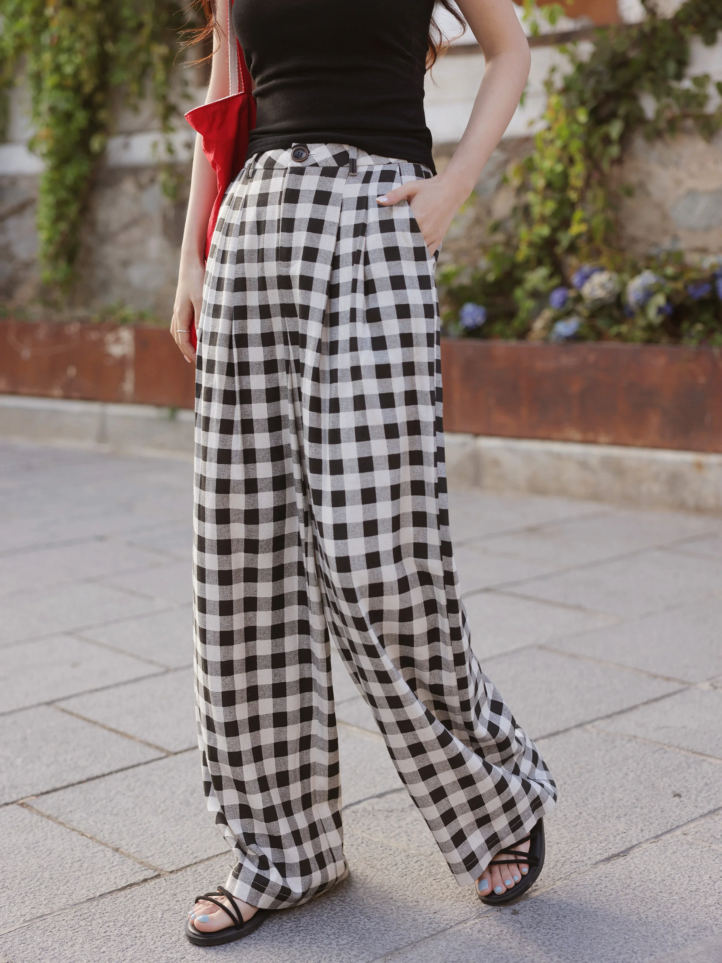 Vintage High Waist Plaid Wide Leg Pants Black White Checkered Trousers for Women Summer Casual Relax Floor Length Long Pants