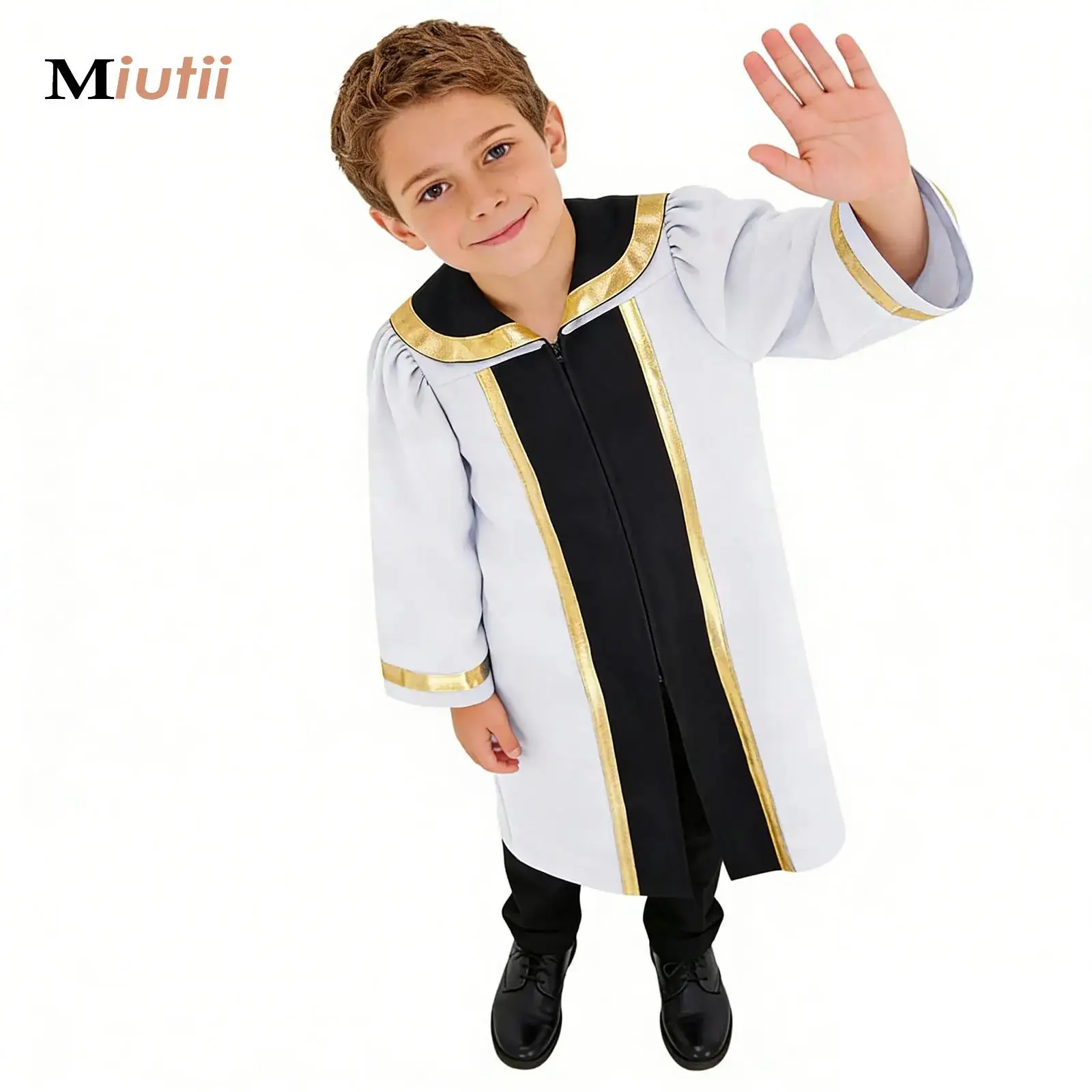 

Boys Girls Choir Liturgical Worship Praise Dance Robe Long Sleeve Metallic Color Block Patchwork Pleated Dress Grown Costume