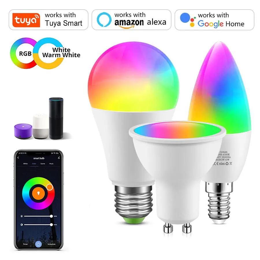 

Tuya Smart WiFi Bulb 85-265V E27 12W 15W 18W E14 5W 7W 9W 220V 110V GU10 Smart Life APP Voice Control Alexa Google Home Alice