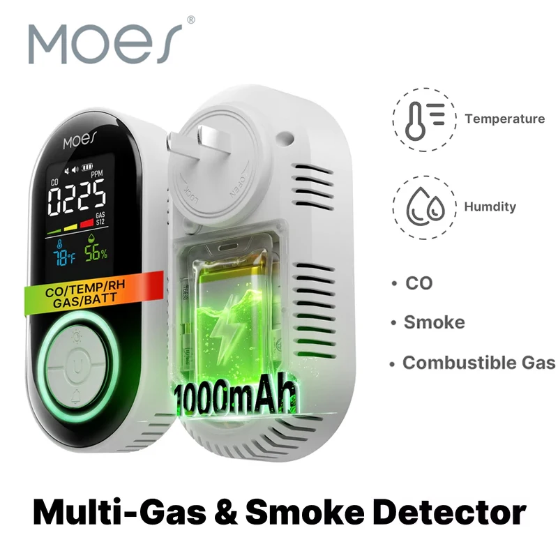 MOES 5in1 Smart Air Quality Sensor CO Gas & Smoke Detector Temperature Humidity Sensor with LCD Display Plug-in Smart Air Box