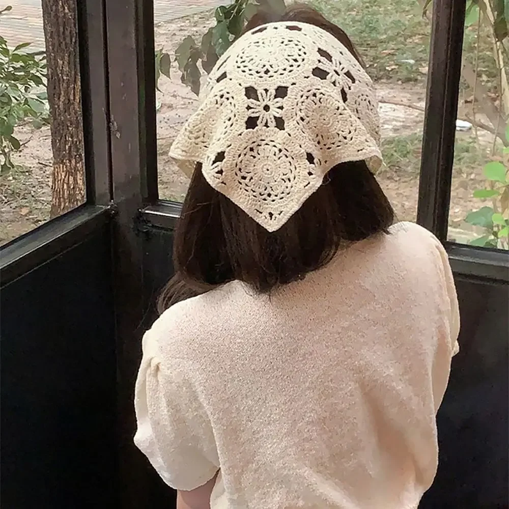 French Pastoral Style Triangle Headband Handmade Crochet Flower Strawberry Headscarf Hat Knitted Girls Headband Towel image 2