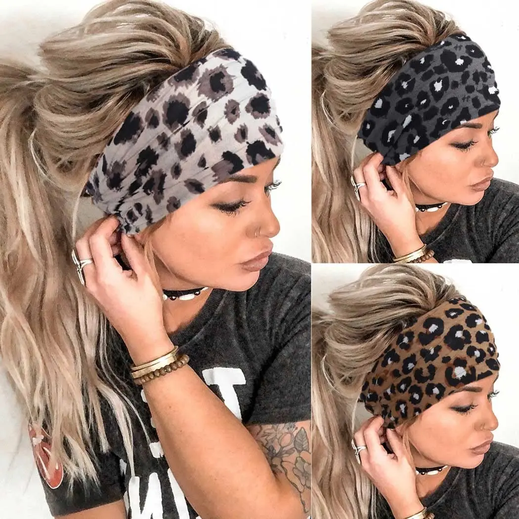 Women\'s New Wide Leopard Print Headbands Flowr Pattern Knotted Turban Head Wraps Bows Ties Boho Girls Hair Accessories Bandage