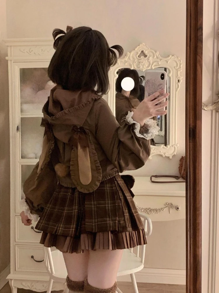 

Японский консервативный стиль, ретро Лолита, комплект из 2 предметов, женское милое пальто с капюшоном + клетчатая плиссированная юбка, новые банты, винтажный милый наряд, зимний