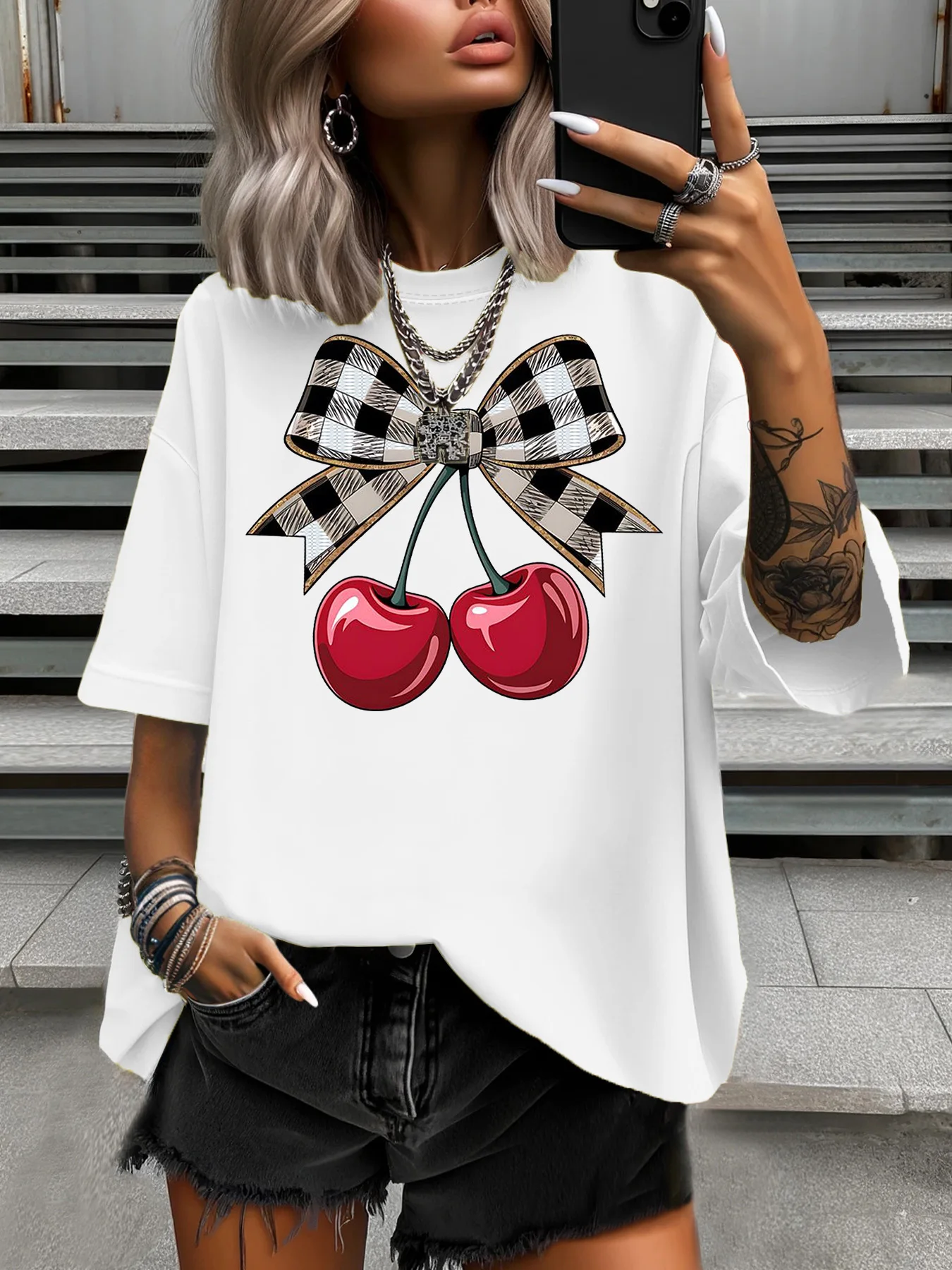 

Women's Plus Size T-Shirt Original Design Fashion Cherry Bowknot Pattern Printed Women's Casual Round Neck Short Sleeved Tops