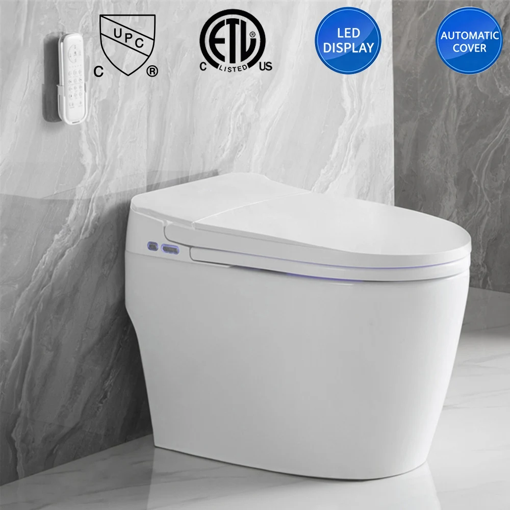 CUPC One Piece Smart S-Trap Toilet, 305mm Rough-in Sensor Bidet Toilet Remote Auto Open Close Seat