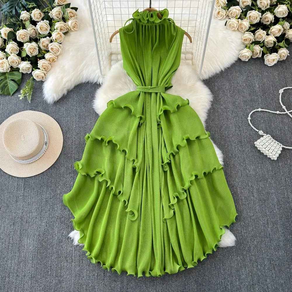 Summer Holiday Miyake Pleated Dress Women\'s Stand Collar Lace Up Sleeveless Elastic Oversized Ruffles Boho Robe Loose Vestidos