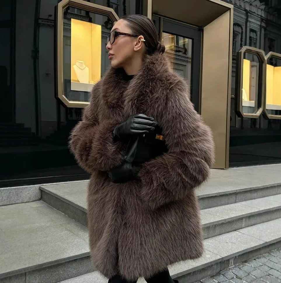 

New Fox Fur Coat With Large Lapel Long Street style Faux Fur Overcoat Soft Furry Luxe Femme Fur Jacket
