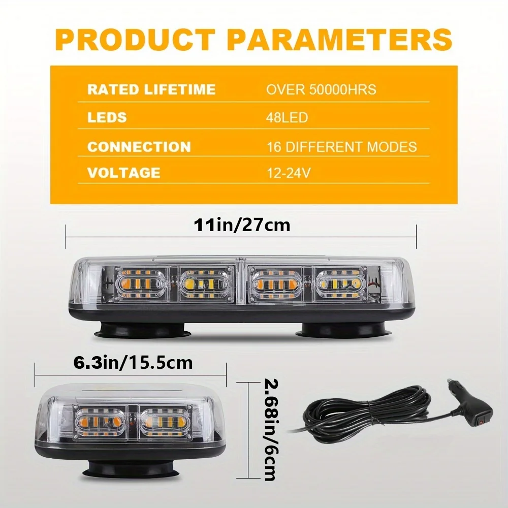 48 شريط إضاءة LED على السطح - منارة وامضة للسلامة في حالات الطوارئ مقاس 11 بوصة لمركبات البناء والشاحنات ومحراث الثلج |   ماجن