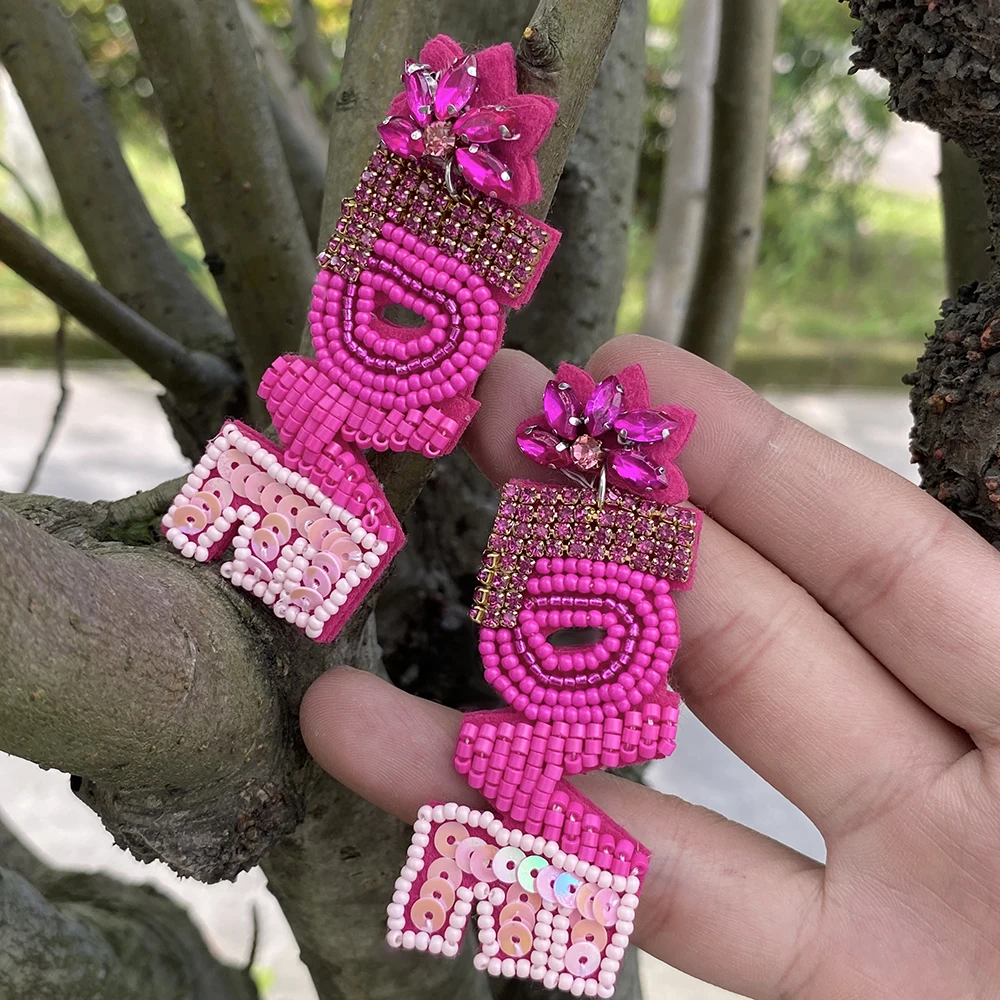 AENSOA Handmade Beaded LOVE Hanging Earrings for Women Rose Red Seed Bead Rhinestone Drop Earrings Valentines Jewelry Gifts