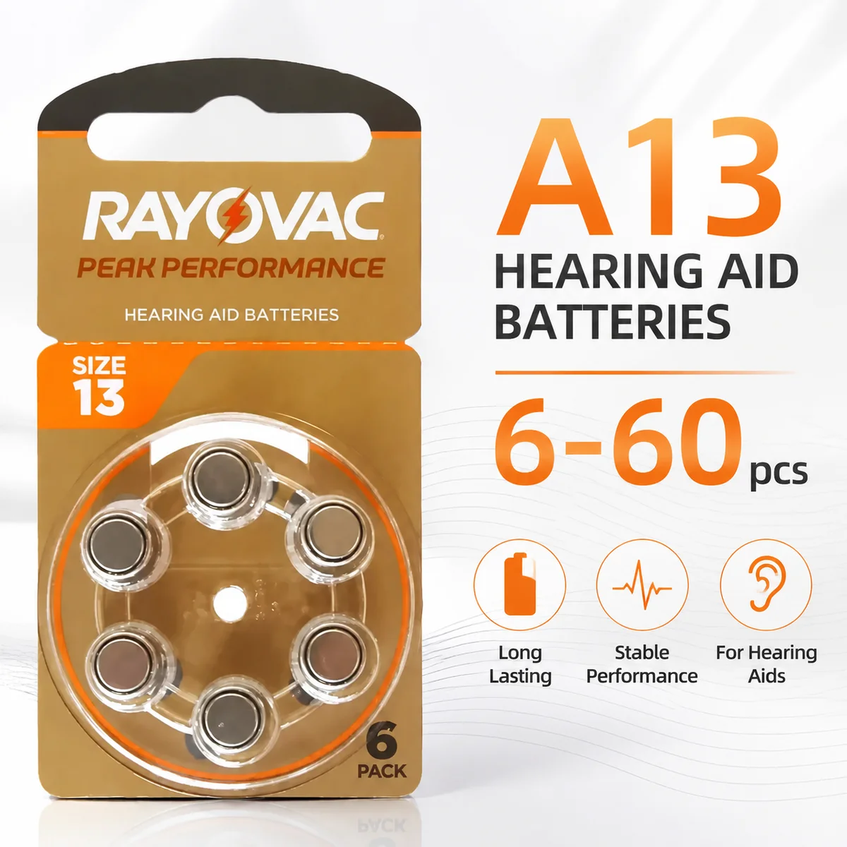 

Zinc Air Hearing Aid Battery Size 13A PR48 P13 6-60PCS Replacement Cells For BTE CIC RIC OE Hearing Aids Durable