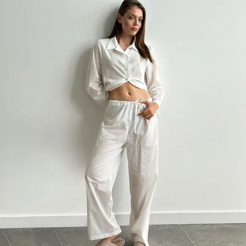 

Women's Comfortable Autumn Spring Pajamas Set Long Sleeved Cardigan Trousers Pure Cotton Casual Homewear L Size Solid 2 Piece