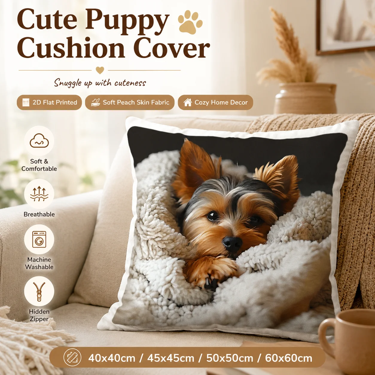 

Cute Yorkshire Terrier Peach Skin Pillowcase 2D Flat Printed Yorkie Dog Cushion Cover for Living Room Sofa Home Decor