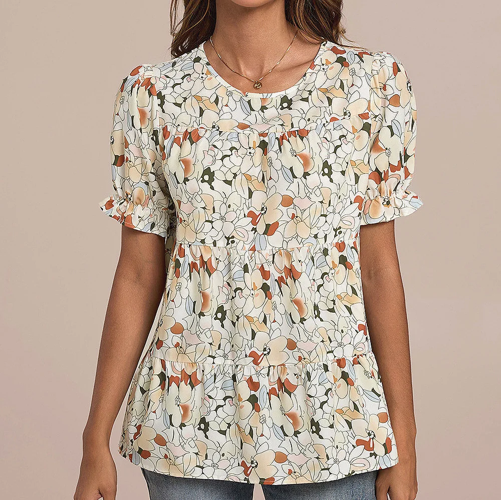 

Fragmented chiffon shirt summer new hot-selling round neck women's clothing fashion simple luxury temperament elegant high-end h