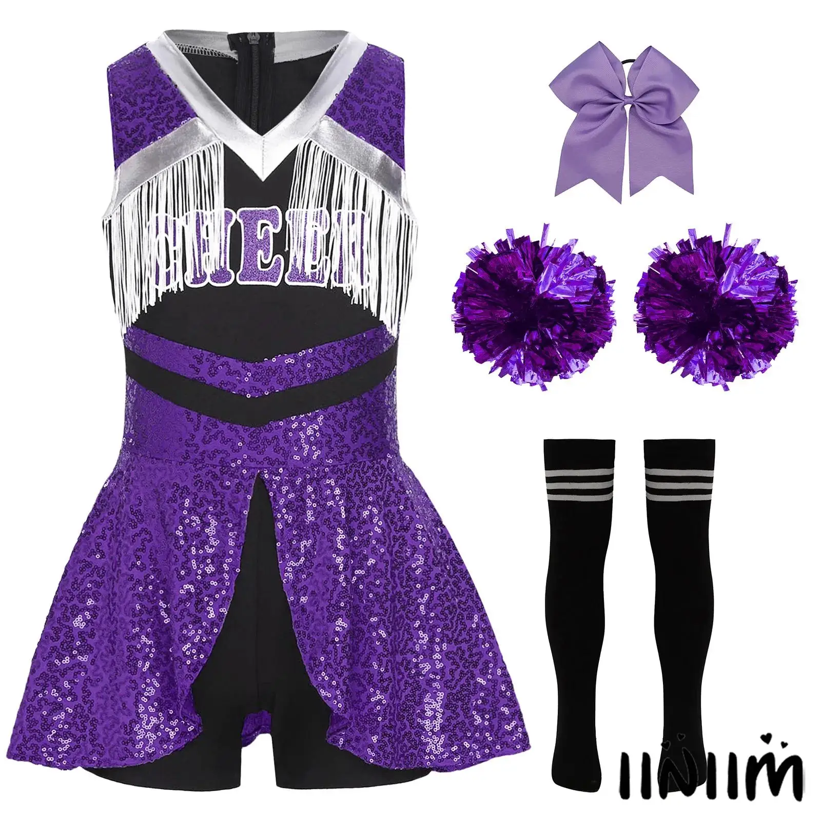 

Girls Cheer Leader Dance Outfit Set Sequins Tassels Jumpsuit And 1 Pair Flower Ball Cute Bowknot Hair Ties Knee High Tube Socks