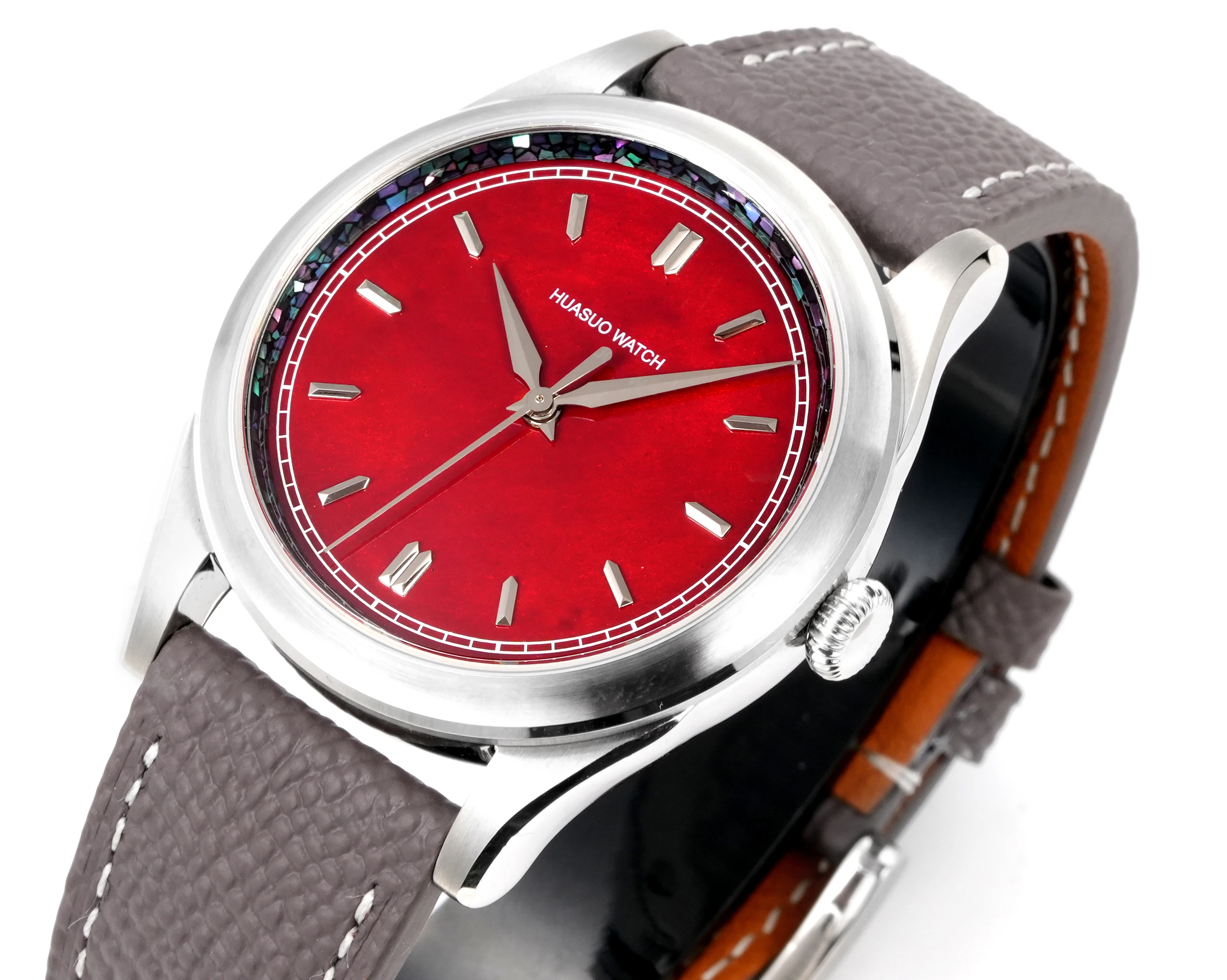 HUASUO 38mm Luxury Mechanical Watch Automatic Movement SW200 Lacquered Mother-of-Pearl Dial Sapphire Crystal 50M Waterproof
