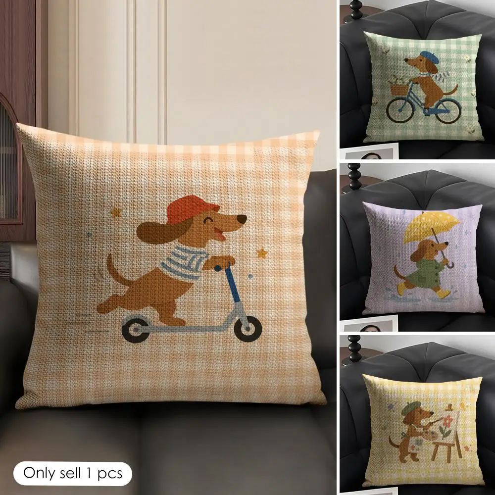 Cute Dachshund Riding Scooter Cushion Cover Skin-Friendly Organic Linen Pillow Cover Durable Hypoallergenic Washable Soft