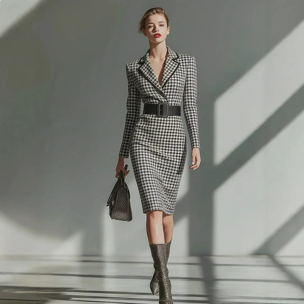 

French Chic Houndstooth Waist-Hugging Bodycon Dress Dresses Spring Summer Elegant Fitted Midi Dress