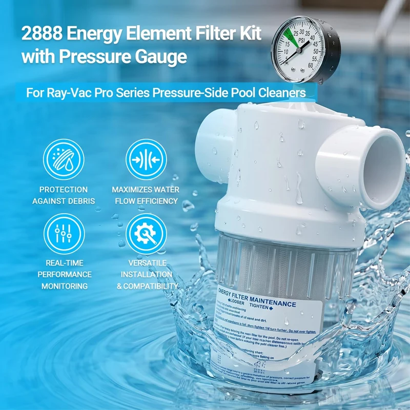 Energy Element Filter 2888 Kit with Pressure Gauge for Jandy Ray-Vac Pro Series Pressure-Side Pool Cleaners,Fits 1.5" or 2" Pipe