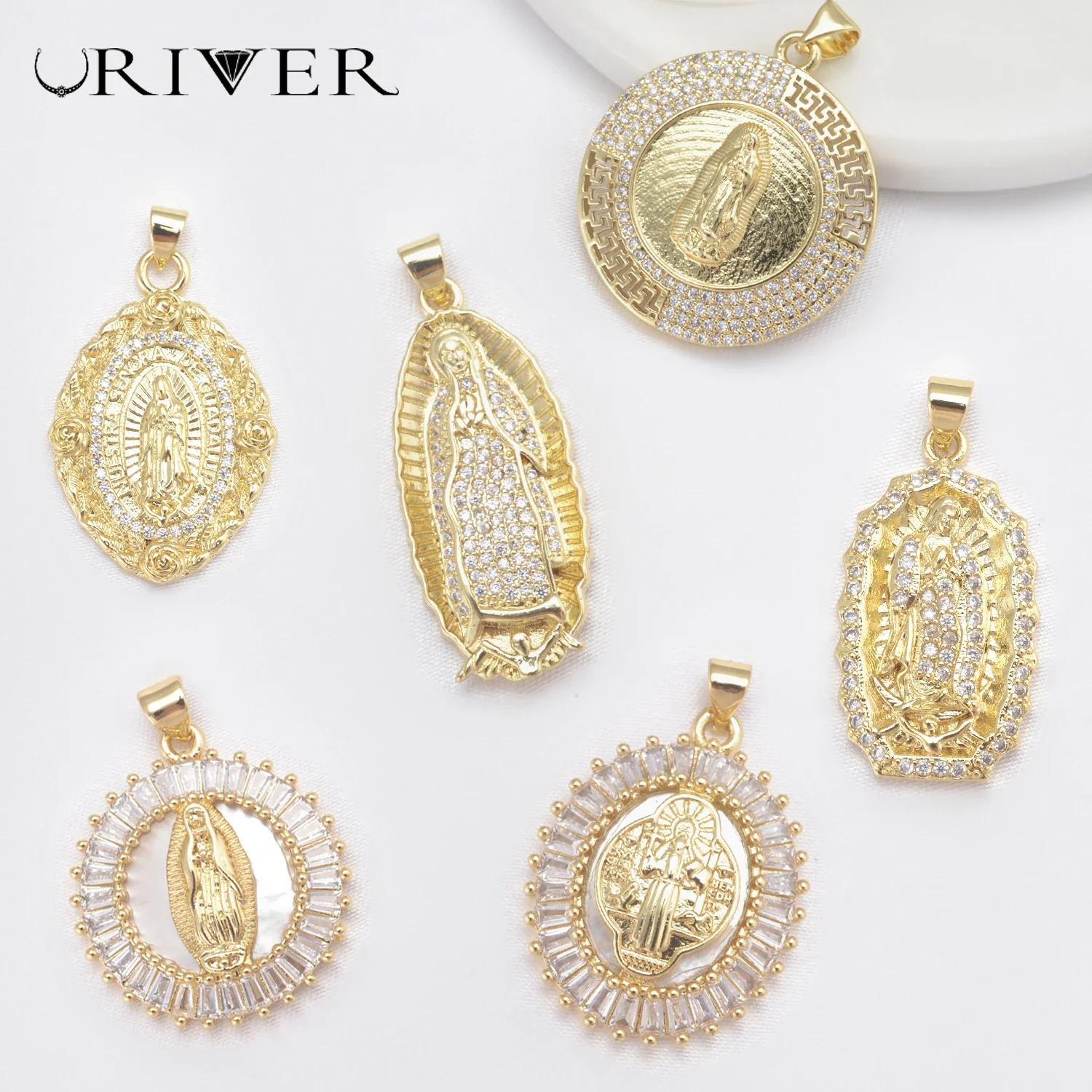 

LJRIVER Brass Religious 2 Pcs Pendants Jewelry Making Accessories for DIY Handmade Charms Paved Zircon Virgin Mary Coat of Arms