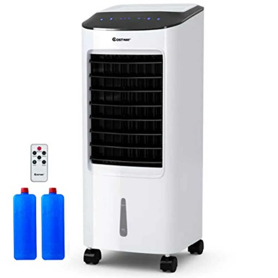 Evaporative Cooler for Home Office, Plastic Body, White, Portable with LED Display, Remote Control, 7.5-Hour Timer, Cooling Hum