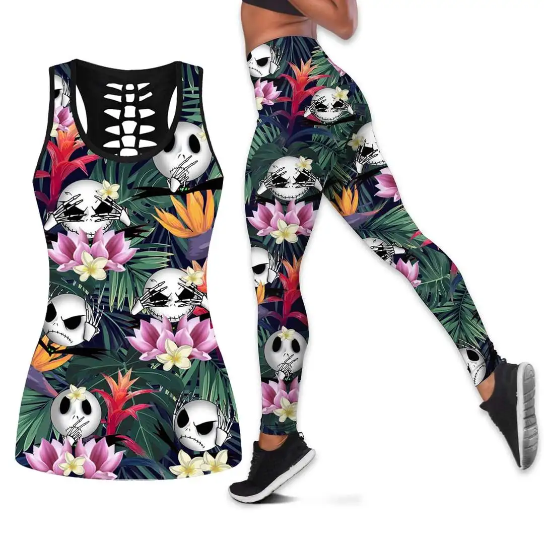 Jack Skellington Women's Hollow Vest + Womens Leggings Yoga Suit Fitness Leggings Sports Suit Disney Tank Top Legging Set Outfit