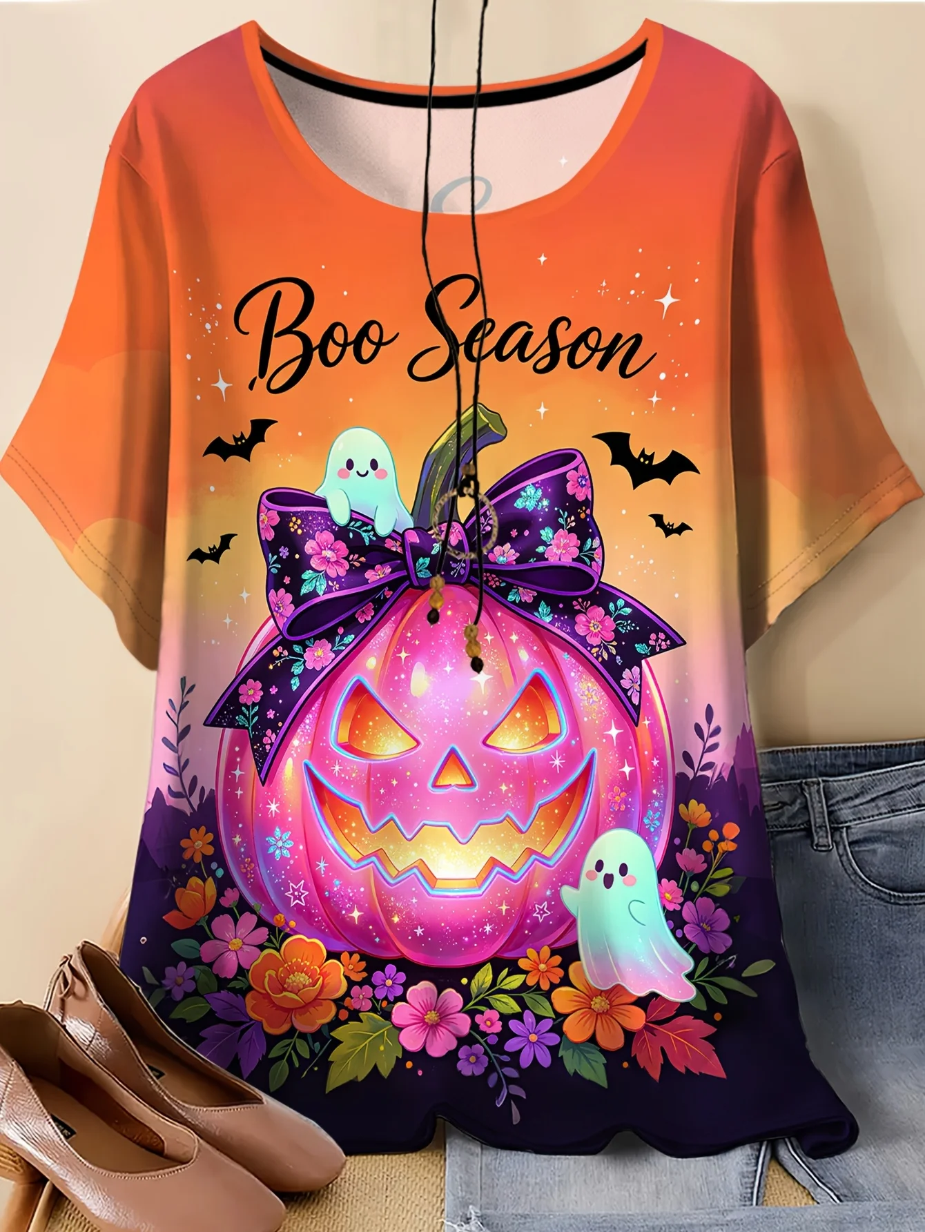 Women Halloween Boo Season Pumpkin Ghost Print T‑Shirt Bow Bat Flower O‑Neck Short Sleeve Tops